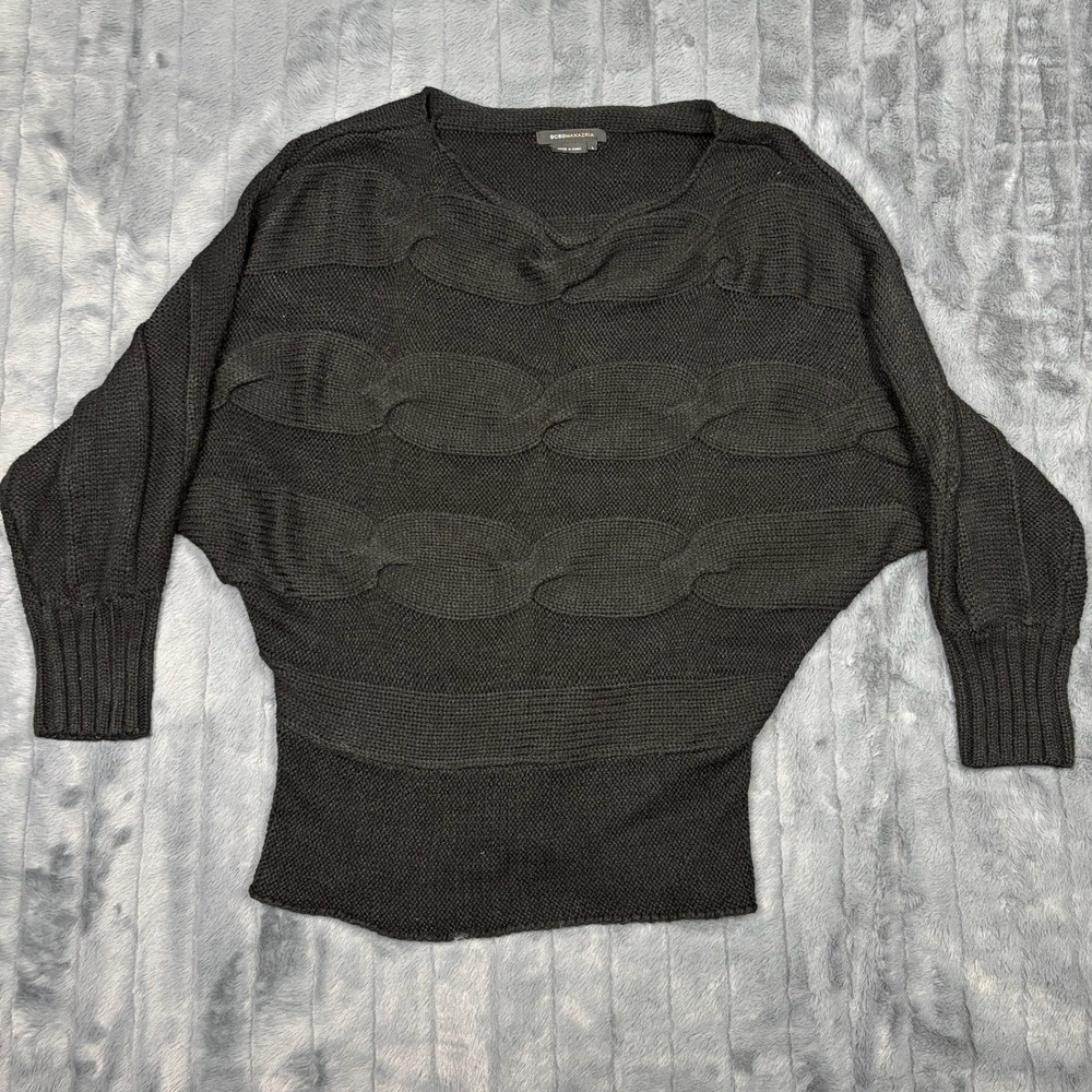 BCBGMAXAZRIA Black Batwing Cable Knit Sweater Oversized Boat Neck Womens L 8028